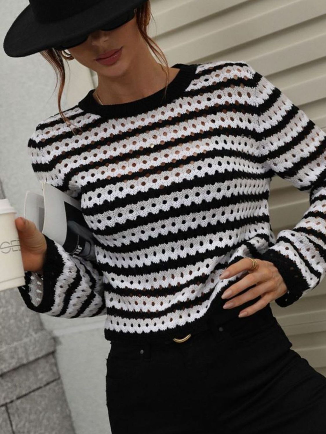 Maxct &Striped Openwork Long-Sleeve Knit Pullover