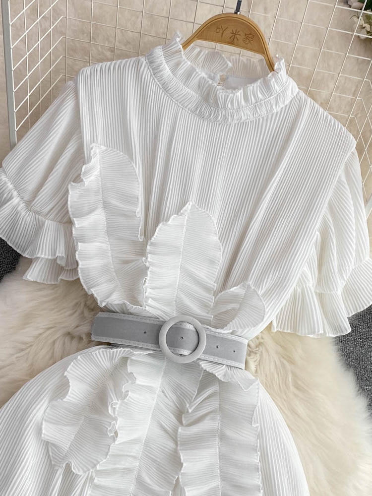Women's Pleated Midi Dress Purple/Red/White Stand Collar Short Flare Sleeve High Waist A-Line Ruffle Party Vestidos Female