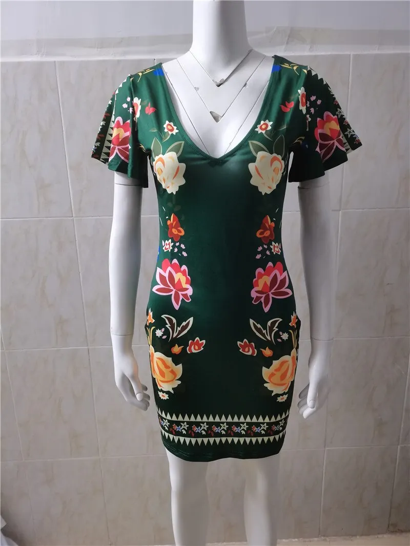Women's Elegant Dress Vintage Floral Print Ruffles Bodycon Dress for Party Cocktails Casual Mini Dress Vacation Dress