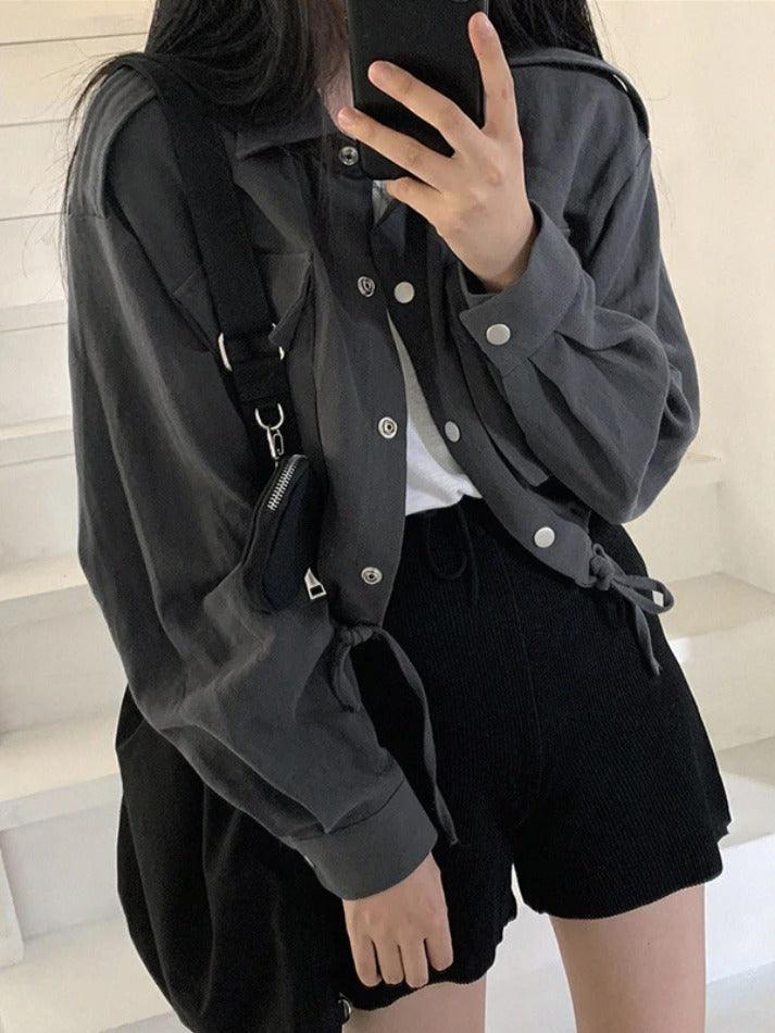 Maxct Lapel Neck Snap Button Drawstring Short Long Sleeve Blouse