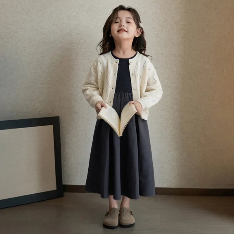 Maxct Autumn Kids Girls Beige Grey Simple Casual Patchwork Princess Elegant Long Sleeve Dresses Korean Style