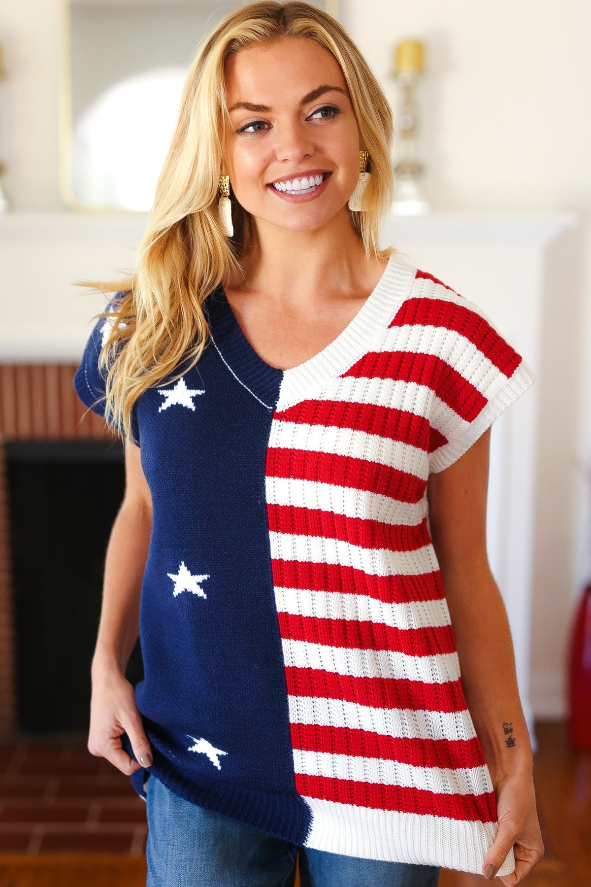 Maxct &Stars & Stripes Americana V Neck Dolman Sweater Top