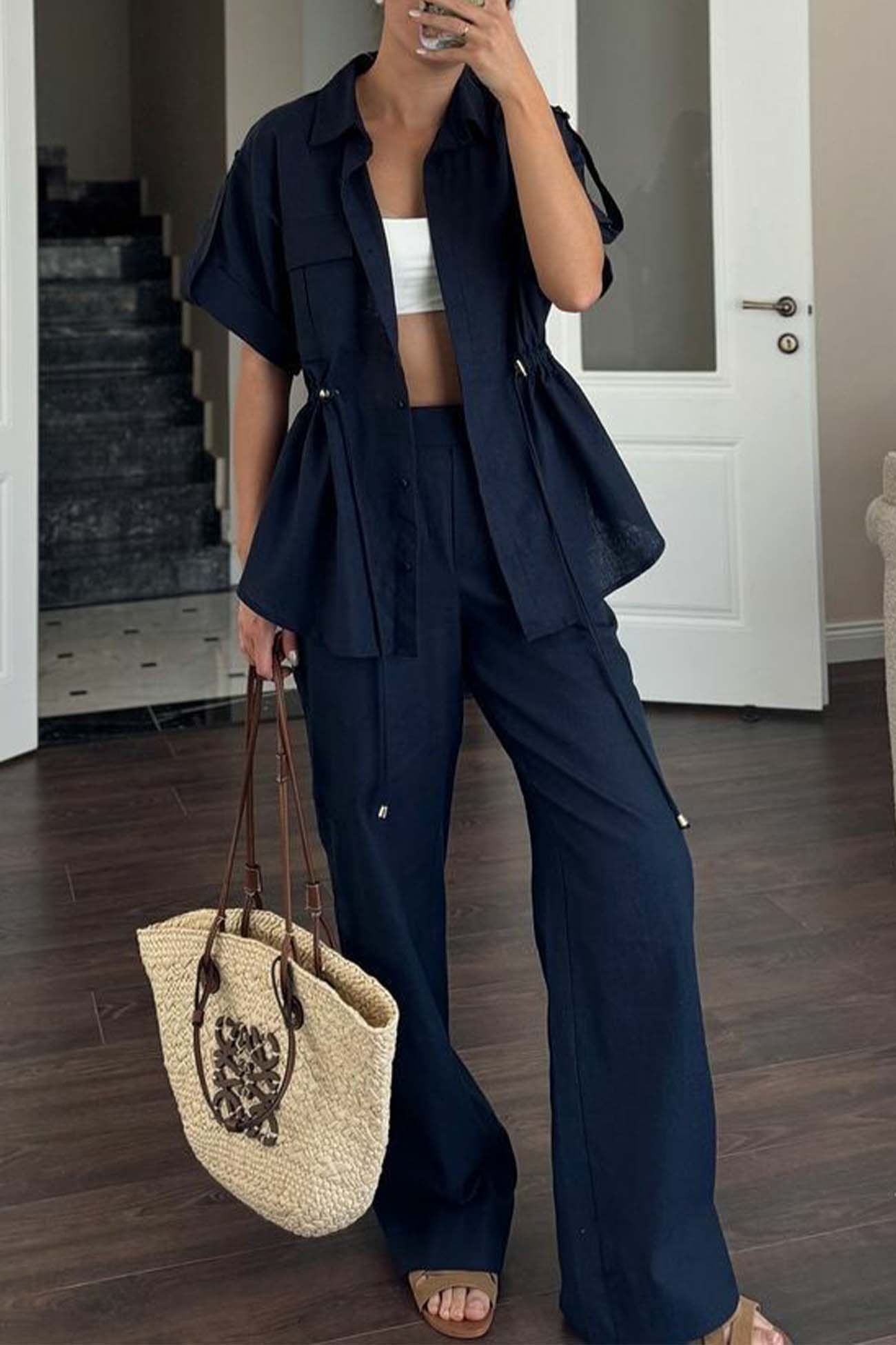 Maxct Half Sleeve Drawstring Shirt Long Pants Two-Piece Set