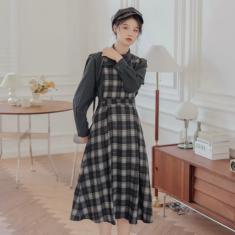 Crepe Plaid Pinafore Dress Set Maxct