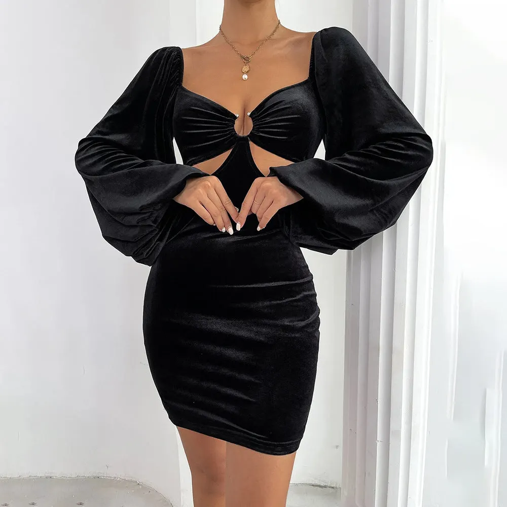 Vintage Puff Sleeve Square Neck Velvet Party Mini Dress - Black Maxct