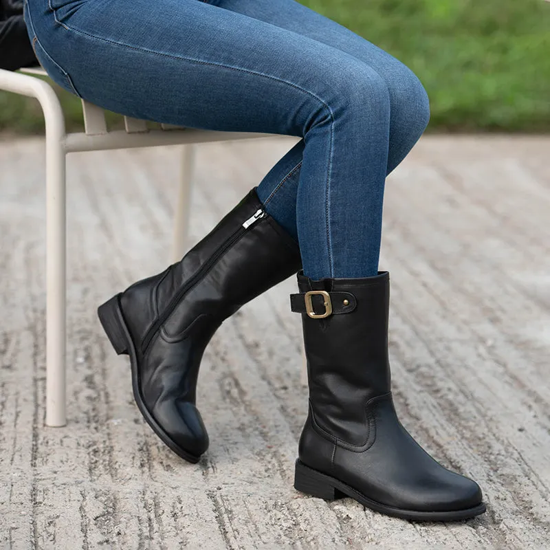 Womens Retro Mid Calf Boots with Short Plush Lining for Cold Winter Black/Blue Maxct