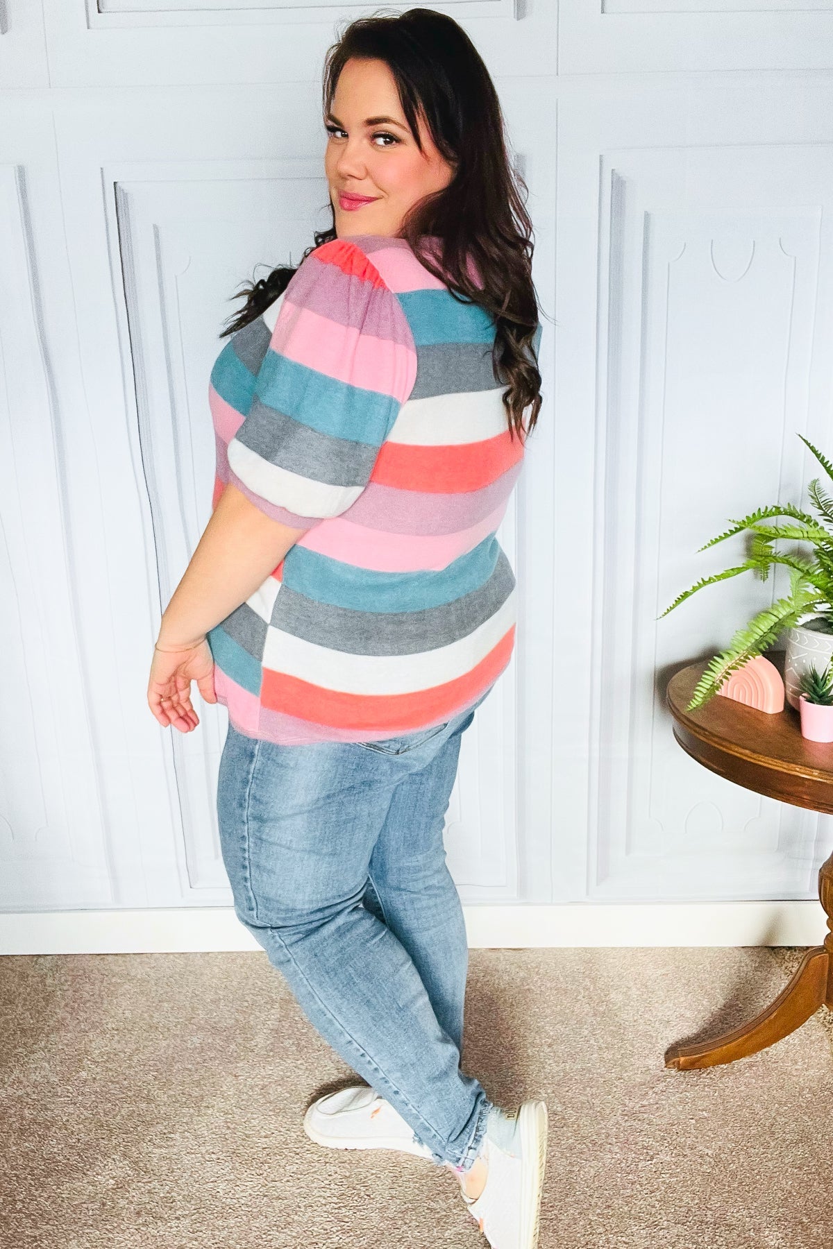 Maxct &Look Out Teal & Rose Striped Hacci Knit Puff Sleeve Top