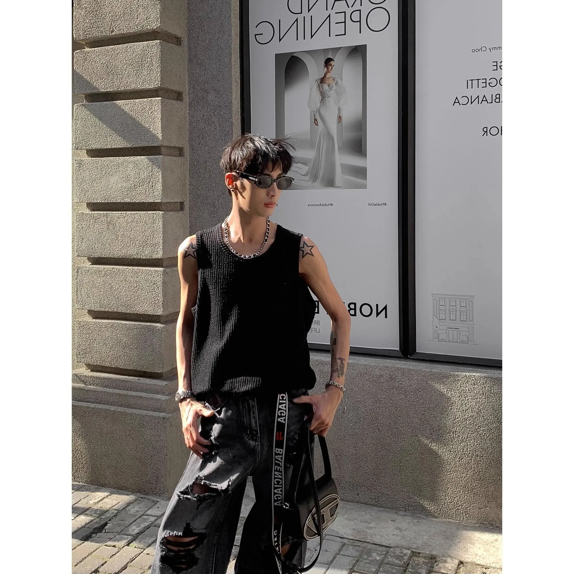 Maxct 90s Streetwear Solid Color Simple Vertical Stripe Niche Retro Round Neck Vest Men's Summer New Casual All-match Sleeveless T-shirt