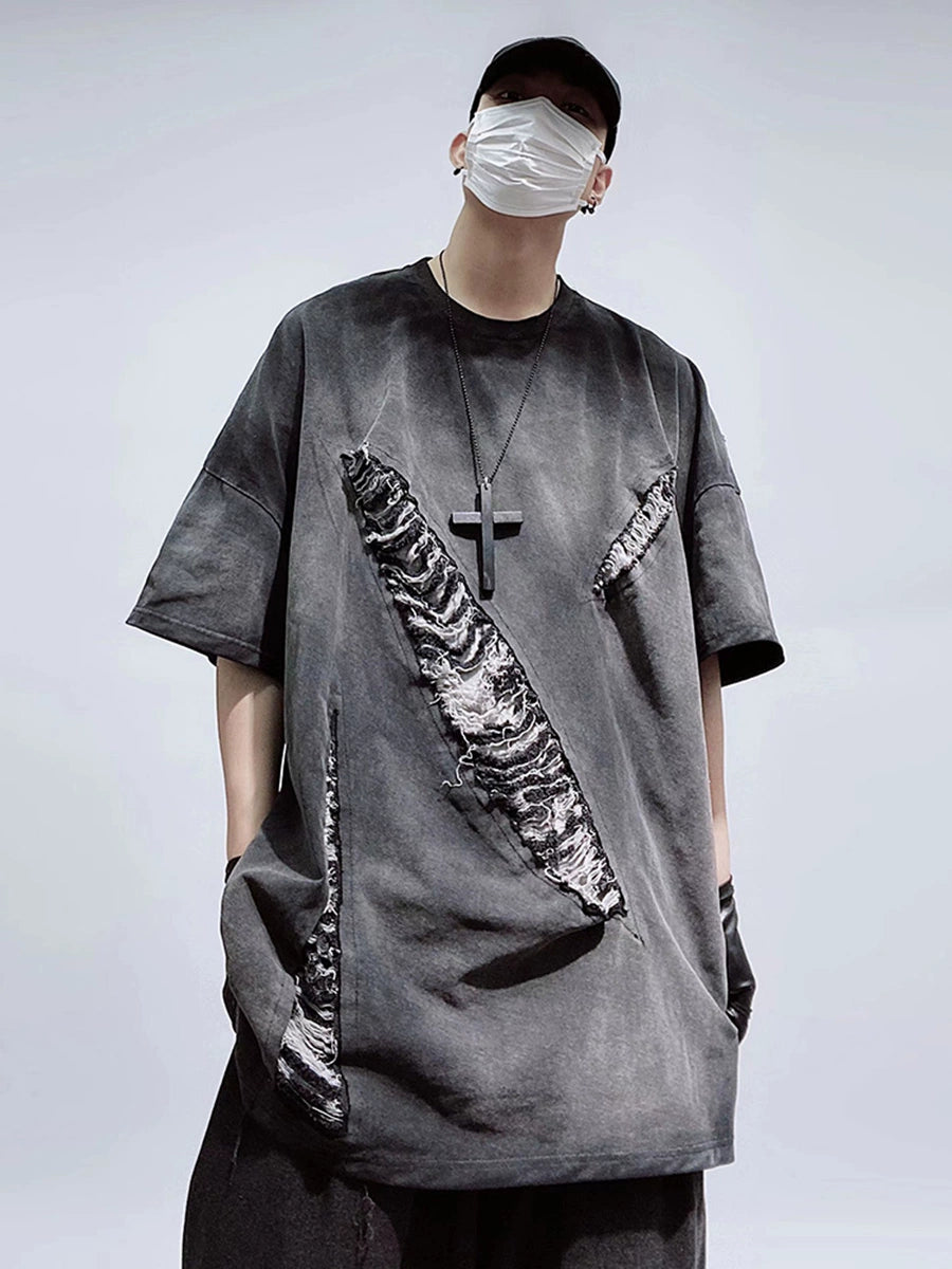 Maxct Hip Hop High Street Retro Tattered Jeans Short Sleeve T-shirt