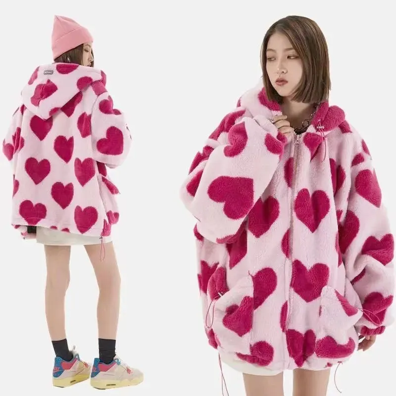 Student Hoodie Cotton Women's Hearts Print Fur Jacket Maxct
