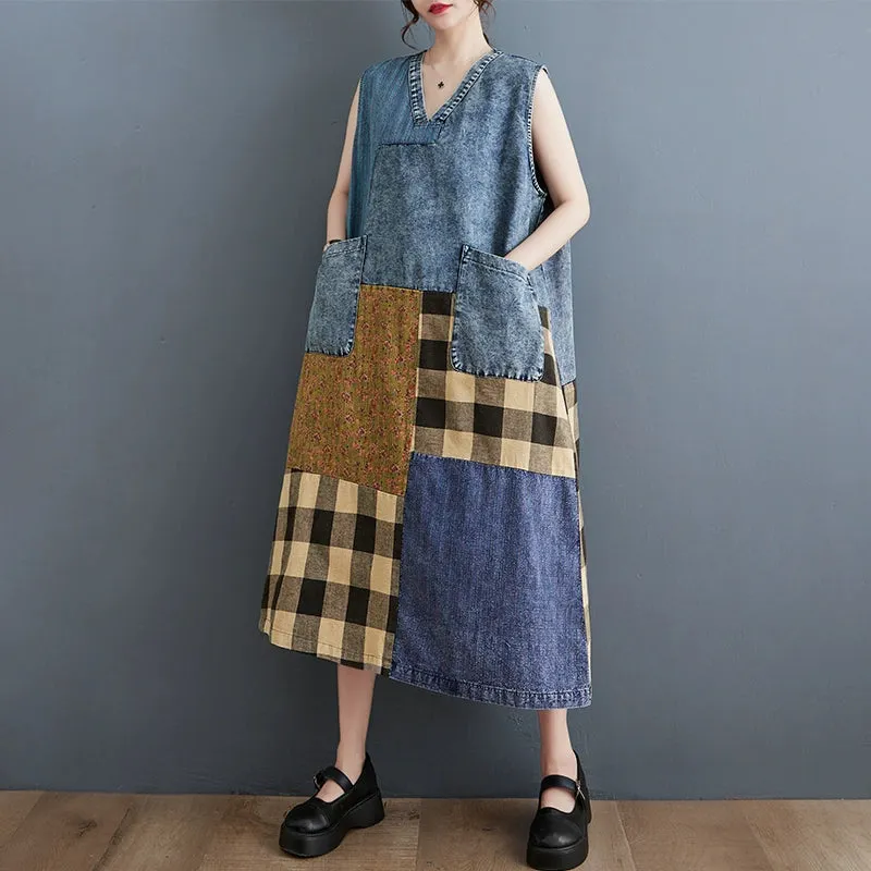 Retro Plaid Patchwork V-Neck Sleeveless Denim Midi Dress