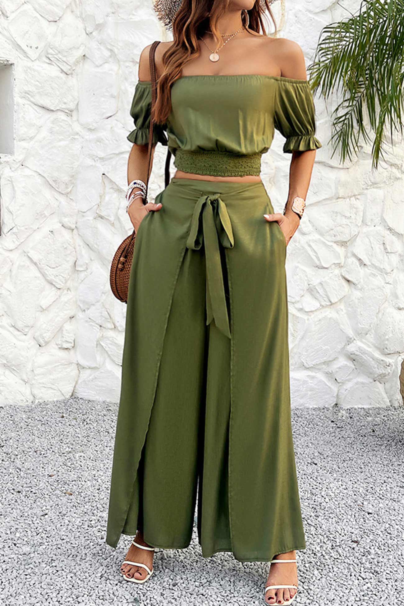 Maxct Off-shoulder Crop Top Tie-up Pants Suits
