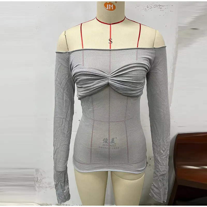 Sexy Transparent Off Shoulder Shirts Women Slim Fit Solid Perspective Thin T-Shirt Female Autumn Chic Elegant Daily Tops
