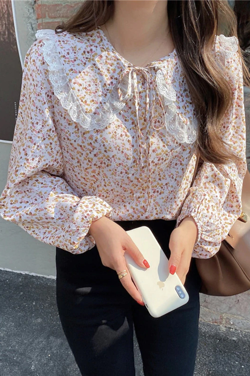 Floral Pattern Peter Pan Collar Long Sleeve Blouse Shirt Maxct