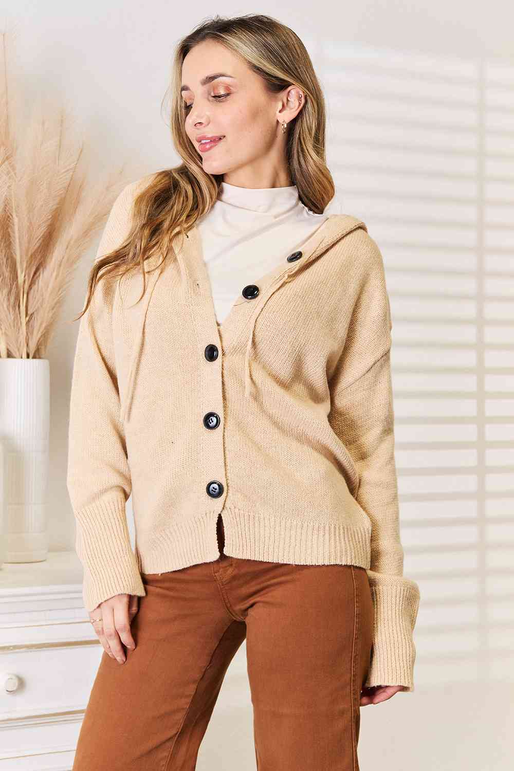Maxct &Woven Right Button-Down Long Sleeve Hooded Sweater