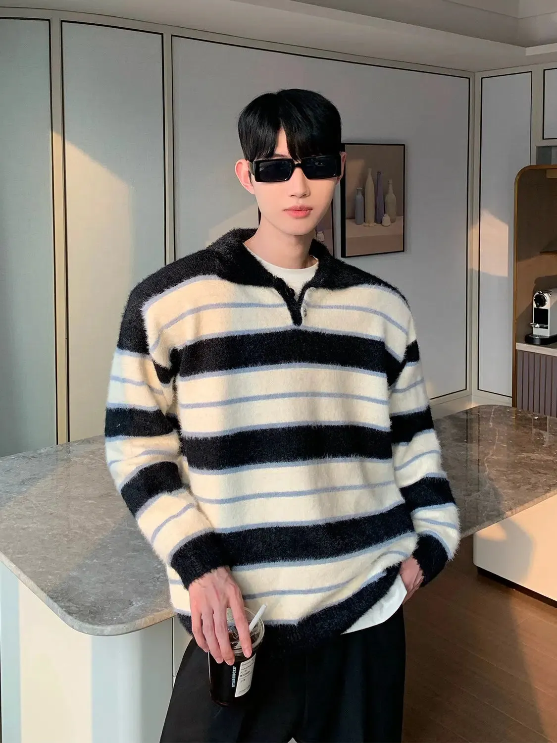 Maxct Faux Mink V-neck Striped Sweater