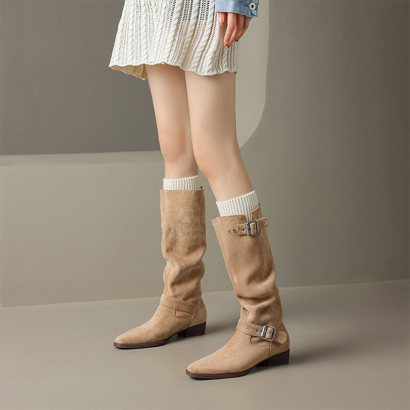Womens Suede Knee High Boots with Buckles Maxct