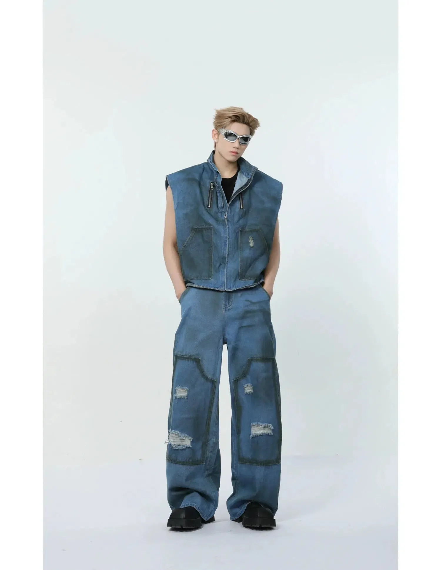 Maxct Washed Blue Sleeveless Jacket & Wide-leg Jeans