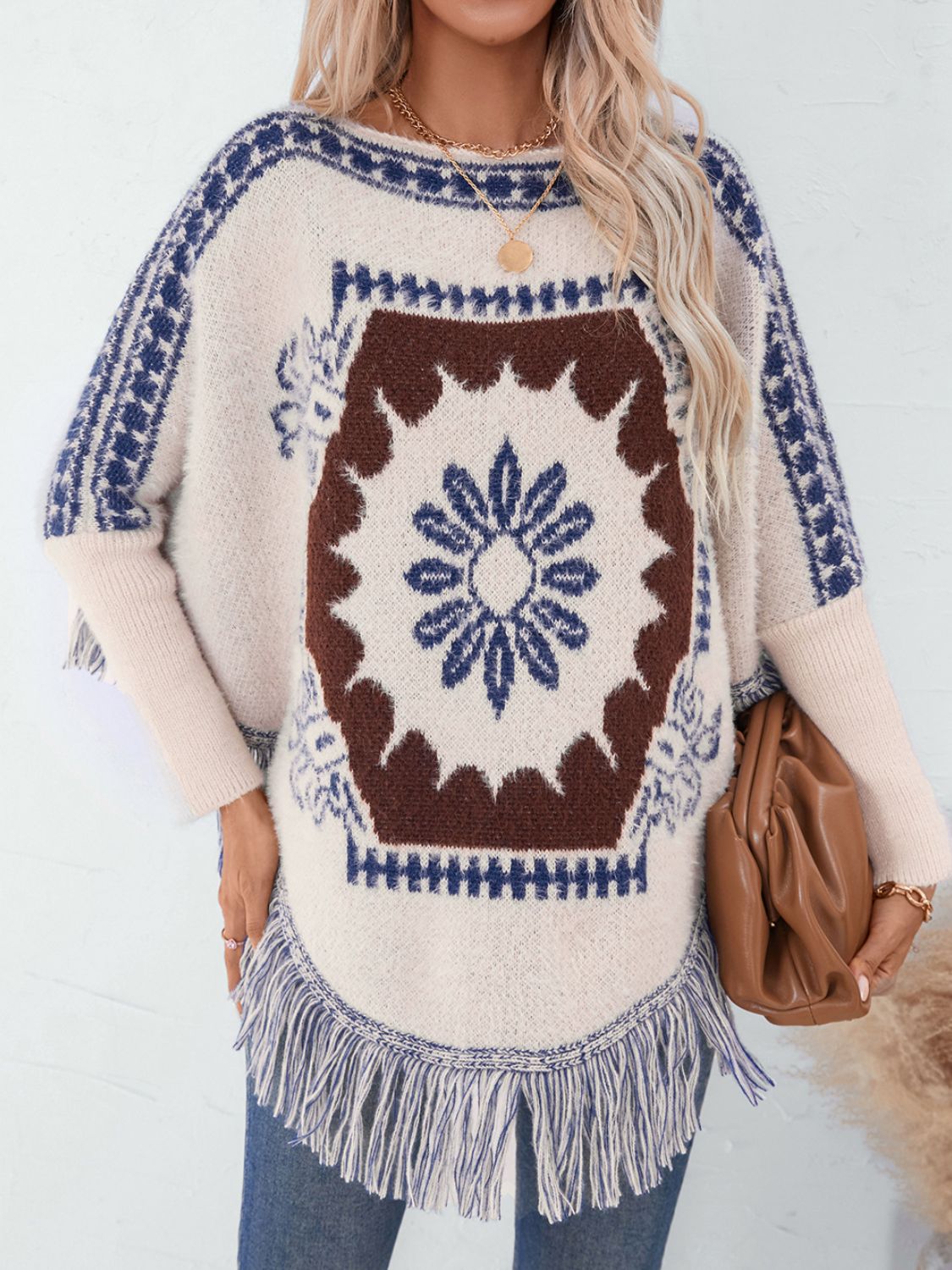 Maxct &Fringe Geometric Long Sleeve Poncho