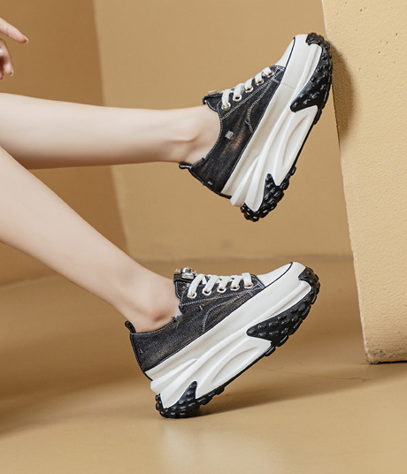Blinged Out: 6cm Denim Leather Chunky Platform Sneakers - true deals club