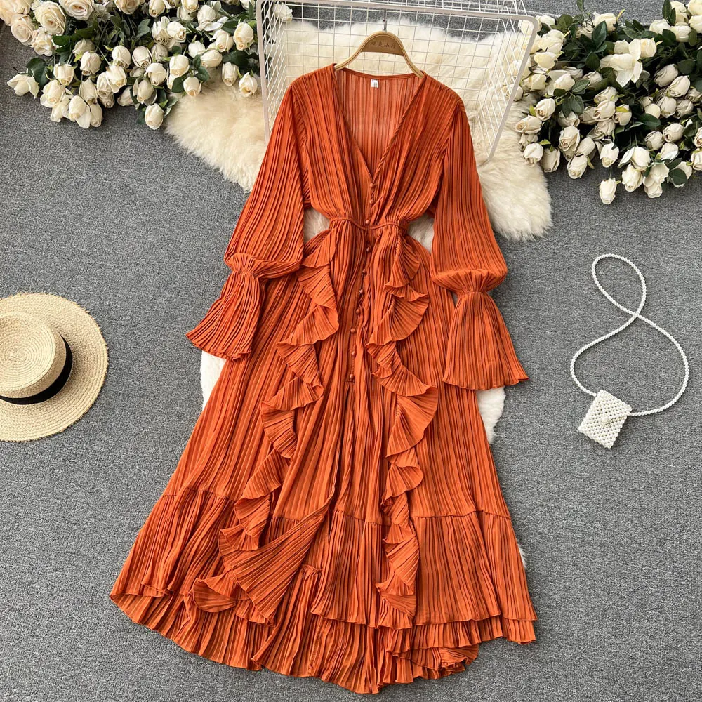 Chiffon Pleated Long Dress Women Vintage V-Neck Flare Sleeve Draped Ruffle Vestido Female Maxi Robe Spring Fall 1215-1