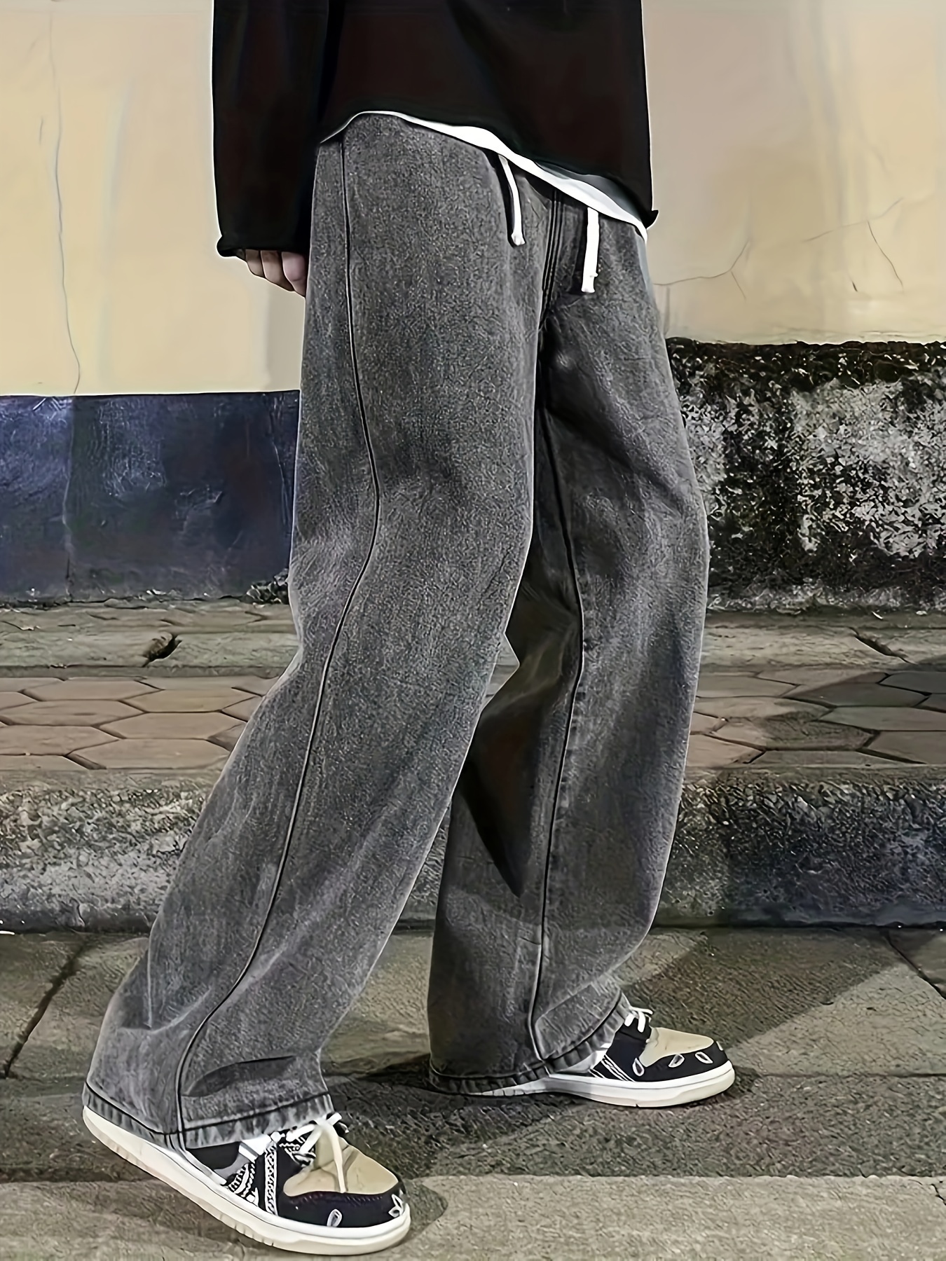 Wide Leg Cotton Jeans, Men's Casual Street Style Loose Fit Denim Pants For Spring Summer