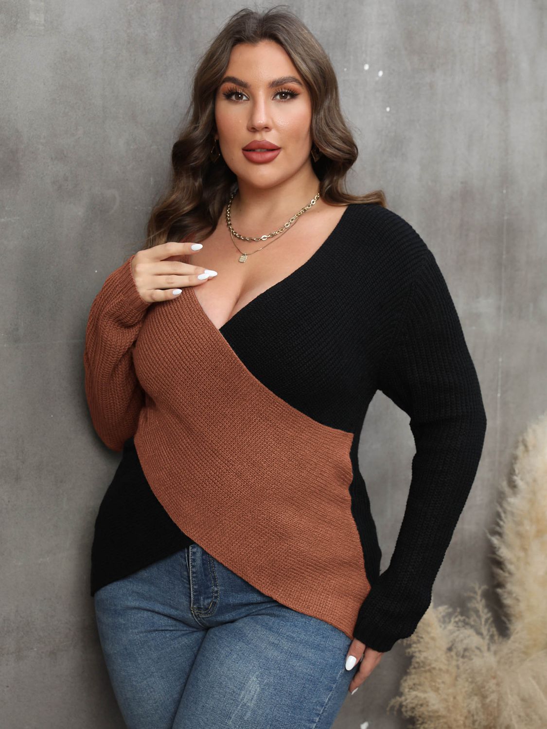 Maxct &Plus Size Two-Tone Surplice Neck Sweater
