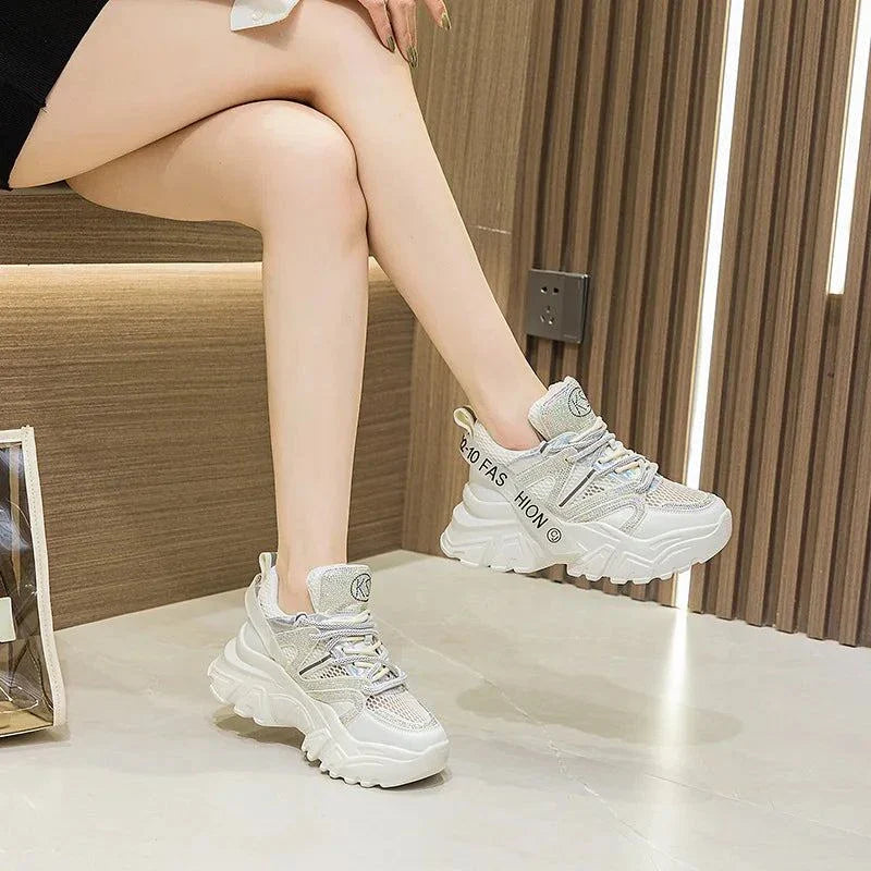 6cm Air Mesh Leather Bling Chunky Sneakers Maxct