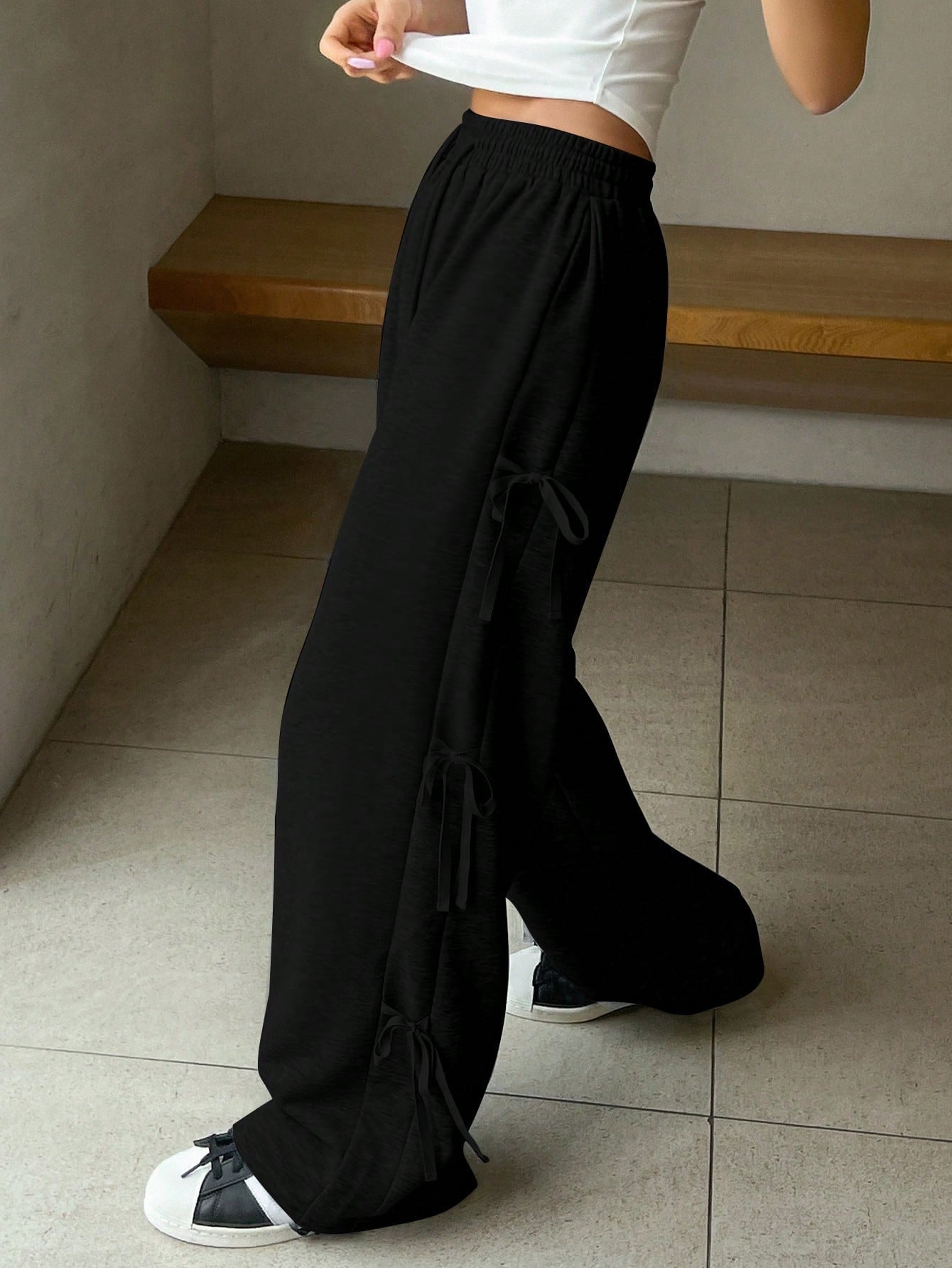 Maxct Women's Loose Casual Solid Color Drawstring Waist Jogger Pants With Bow Decor