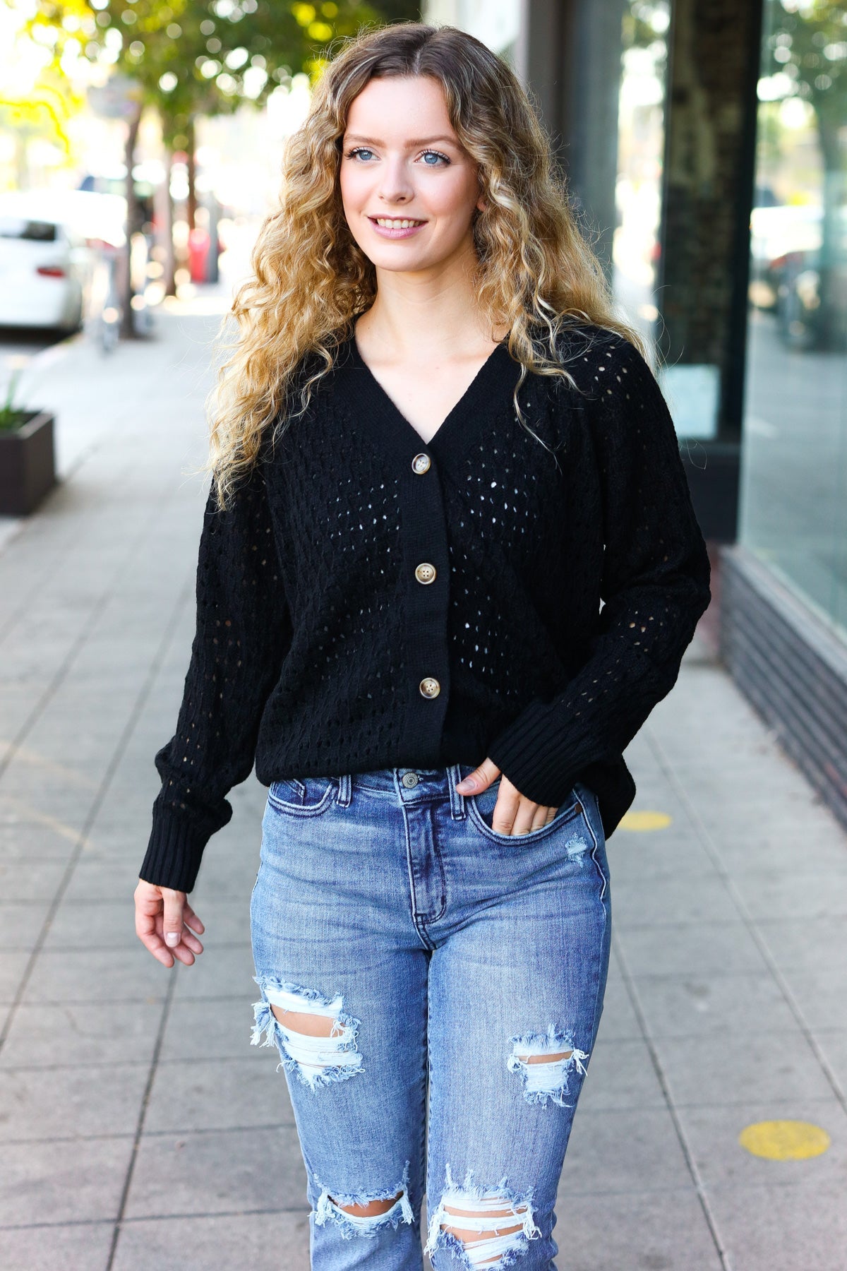 Maxct &Follow Me Black Pointelle Knit Button Down Cardigan