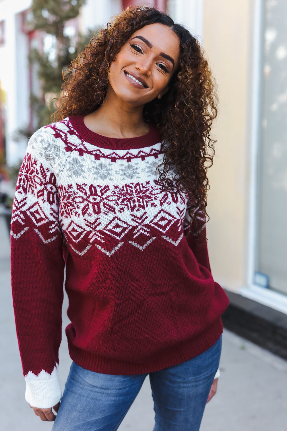 Maxct &Merry Christmas Merlot Snowflake Oversized Sweater Top
