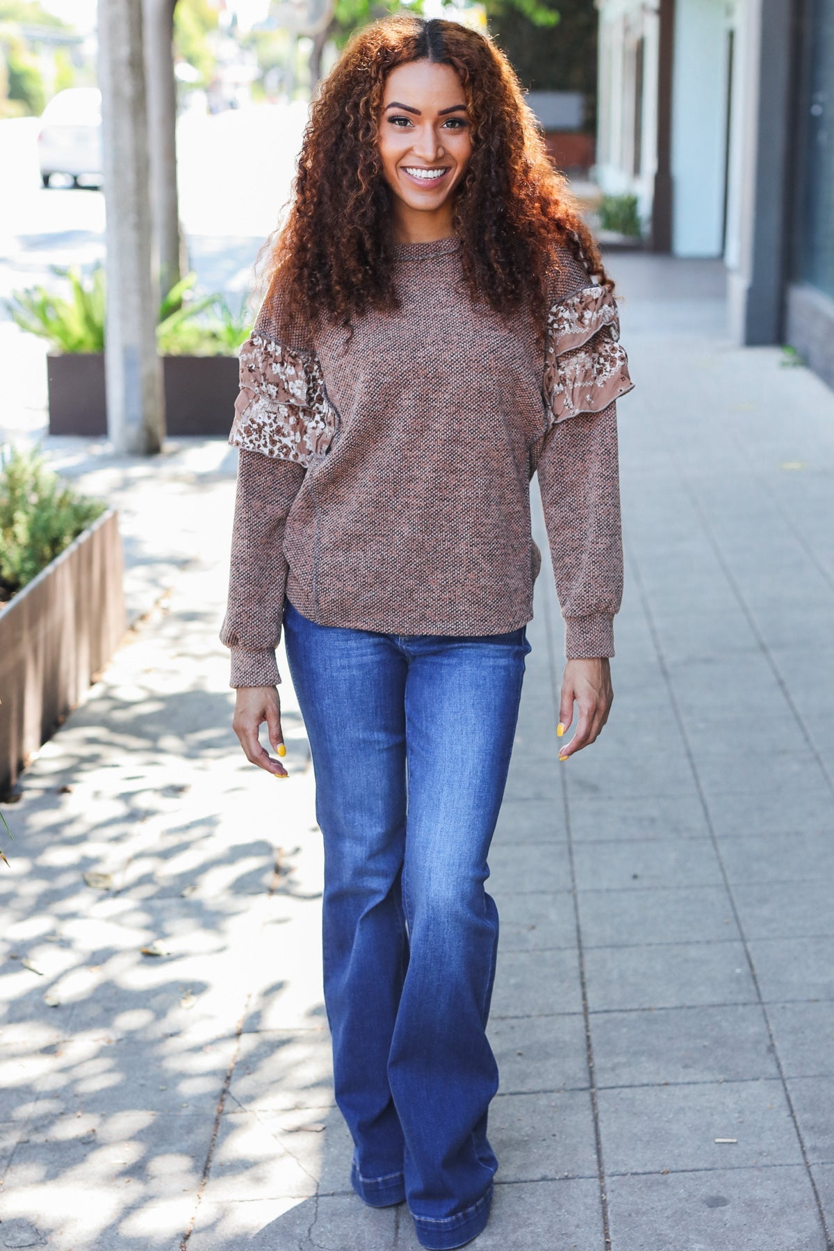 Maxct &Fall Diva Brown Two Tone Knit Floral Print Frill Detail Sweater