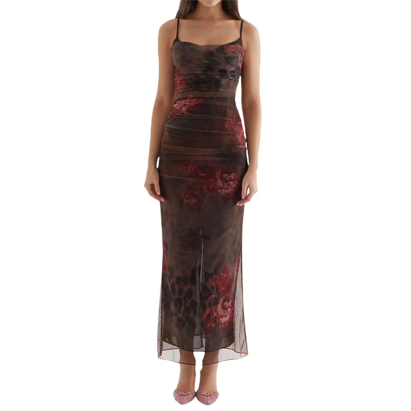Maxct Women Vintage Sling Dress Spaghetti Straps Pleated Flower Print Lace Tulle Patchwork Summer Evening Party Midi Dress