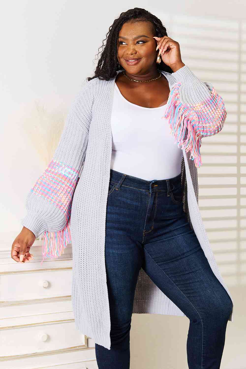 Maxct &Woven Right Fringe Sleeve Dropped Shoulder Cardigan