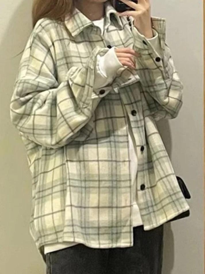 Maxct Vintage Plaid Print Brushed Long Sleeve Blouse