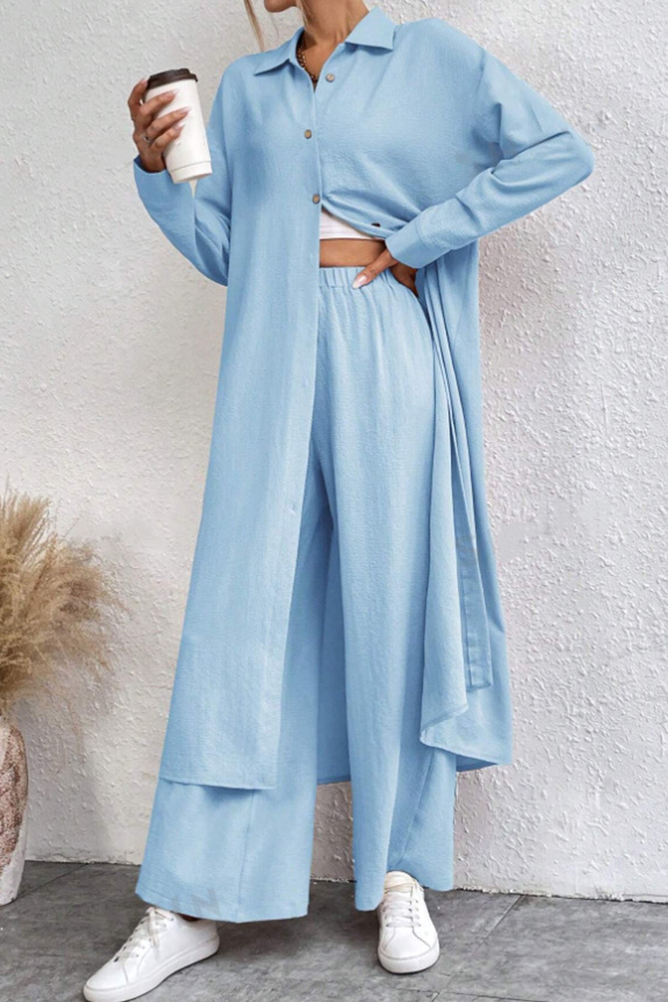 Maxct Solid Long Shirt Wide Leg Pants Set