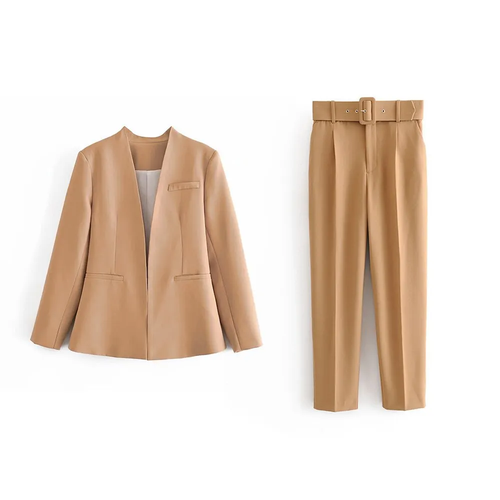 Maxct 2024 Women Fashion Two Pieces Sets Office Wear Blazers Coat And With Belt High Waist Pants Female