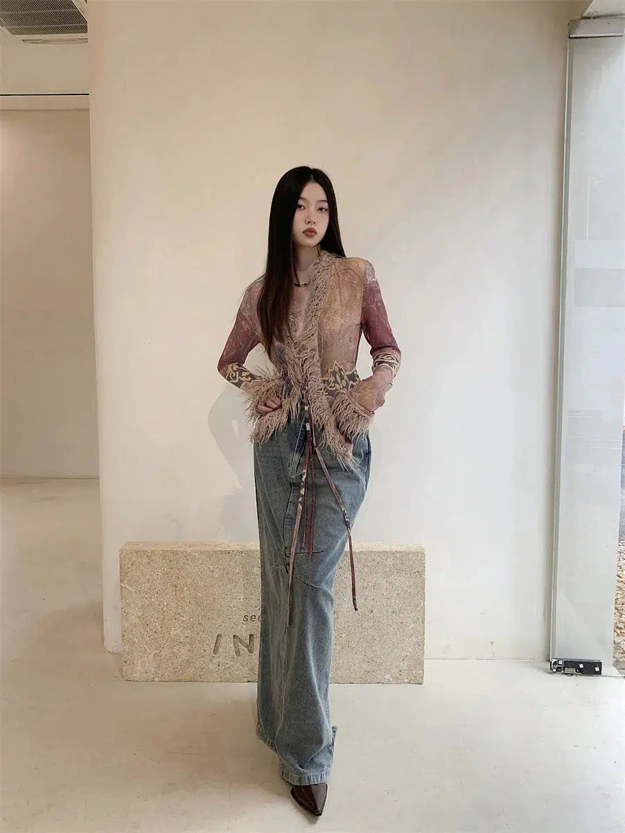 Maxct &Vintage Faux Fur Detailed Lace Up Top