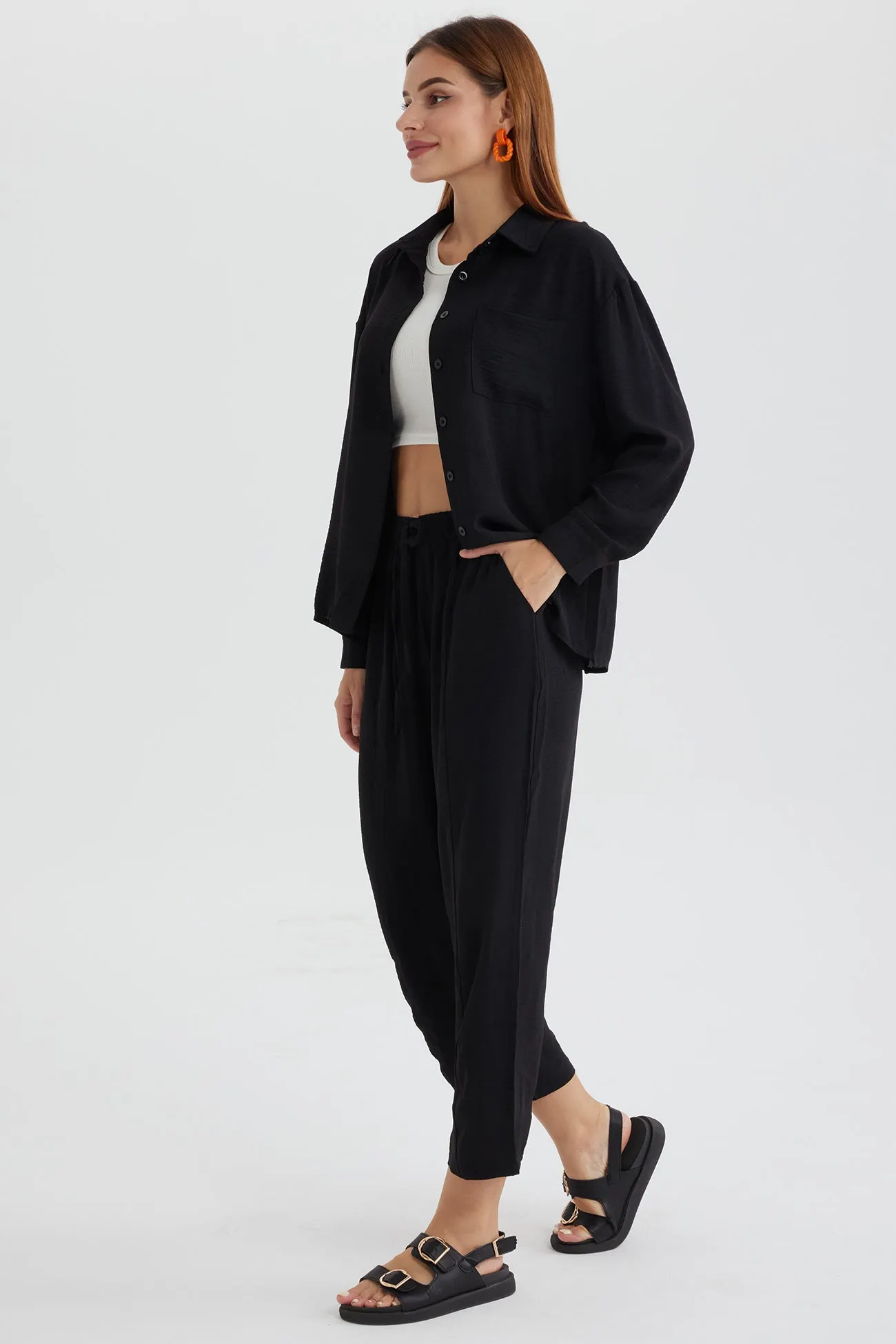 Maxct Long Sleeve Solid Color Shirt Long Pants Set - Image 41