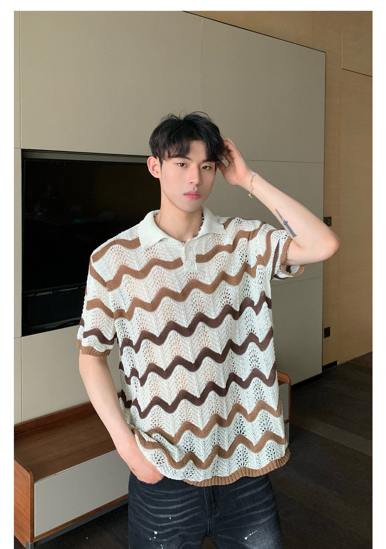 Maxct 90s Streetwear Korean Style Summer High-end Sense Hollow Color Stripe Lap Short-sleeved Niche Design POLO Shirt T-shirt Casual Top