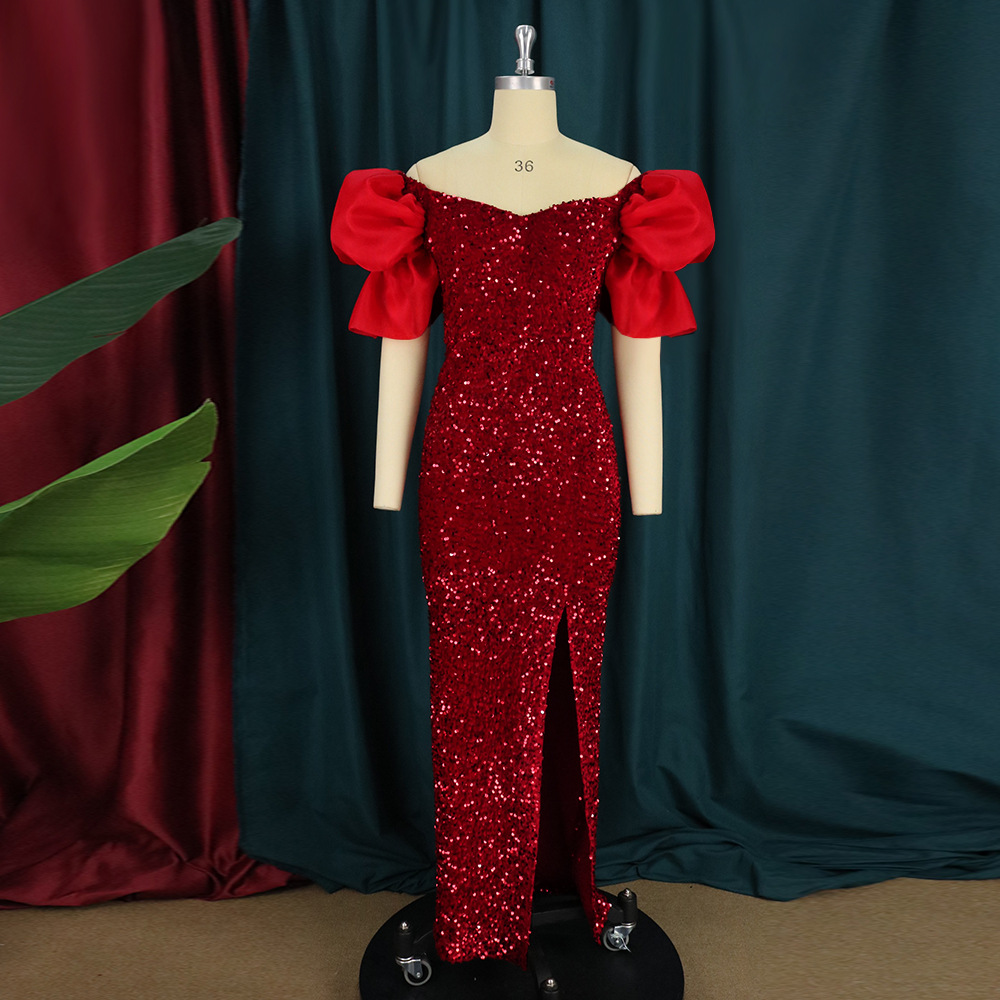 Maxct Ruffled V-neck Sequined Long Dress Ladies Banquet Evening Dress Dress Women's Party Dresses