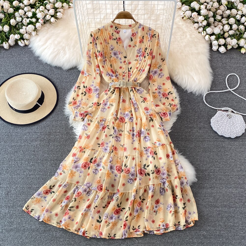 Floral Midi Dress Women Elegant V-Neck Lantern Long Sleeve High Waist Draped A-Line Casual Vestidos Female Spring Autumn
