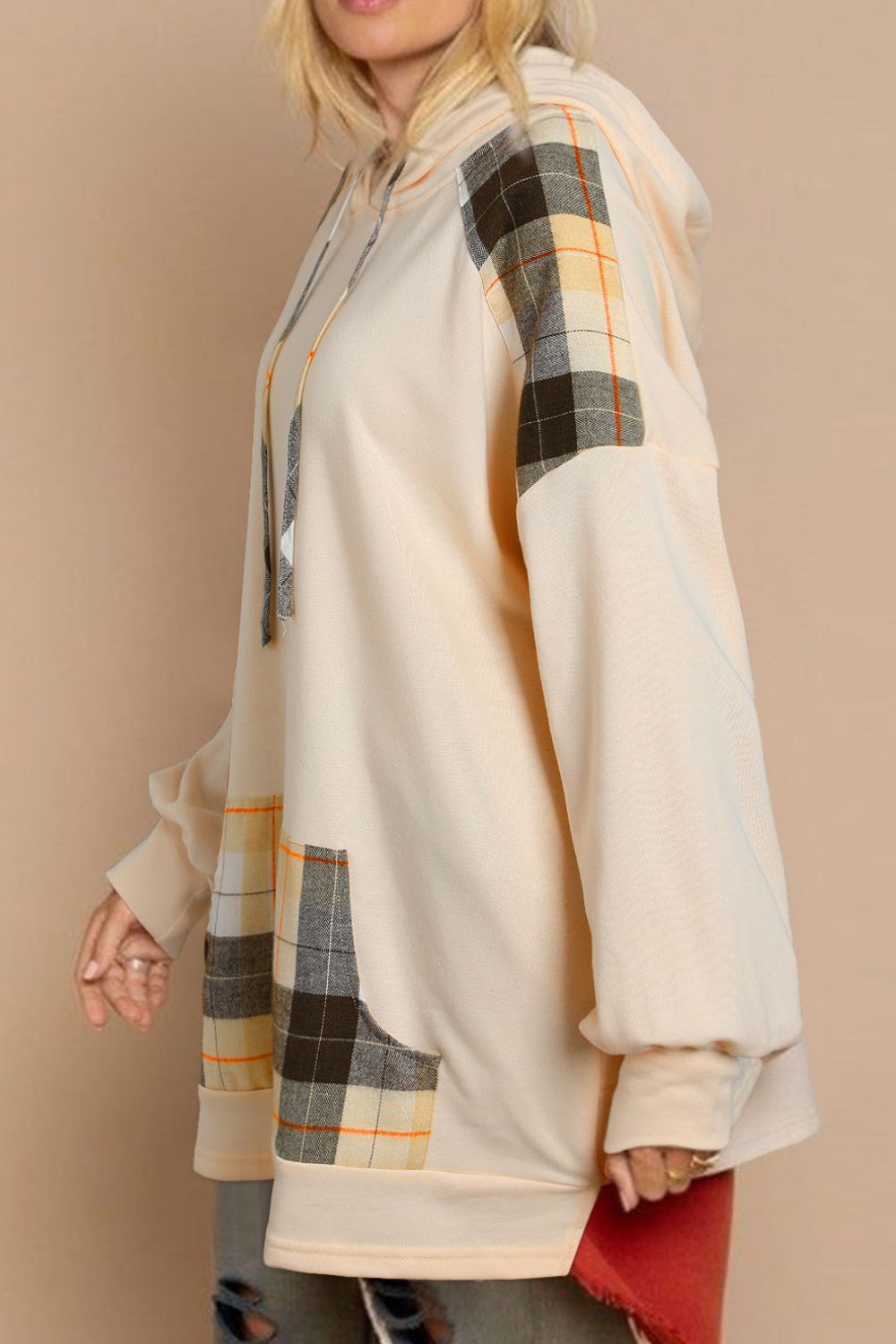 Maxct &Drawstring Plaid Long Sleeve Hoodie