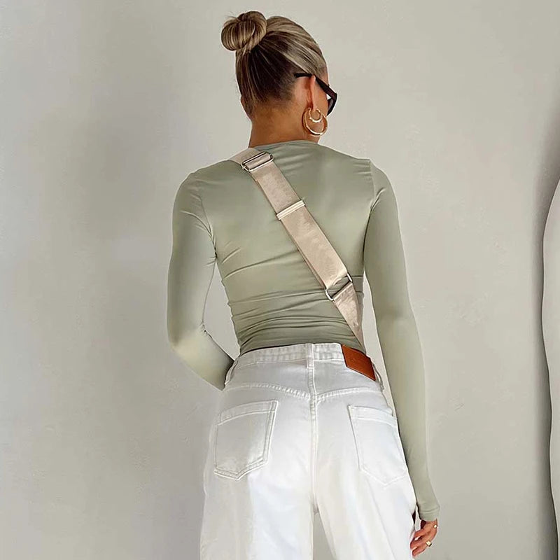 Maxct Female Korean Fashion Crop Tops Women Long Sleeve T-Shirts Solid Color O Neck Slim Fit Casual Basic Tees Going Out Outfits