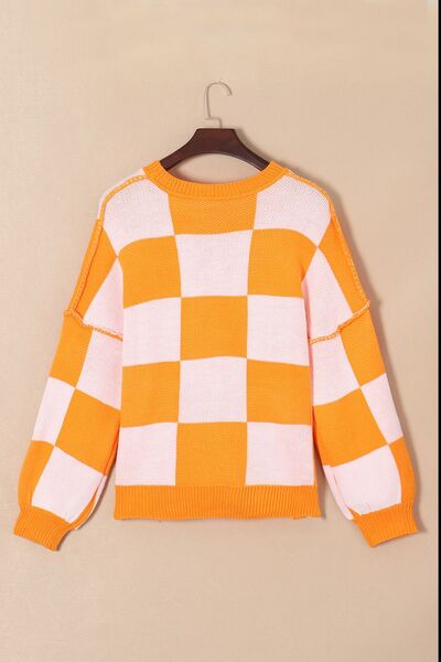 Maxct &Checkered Exposed Seam Drooped Shoulder Sweater