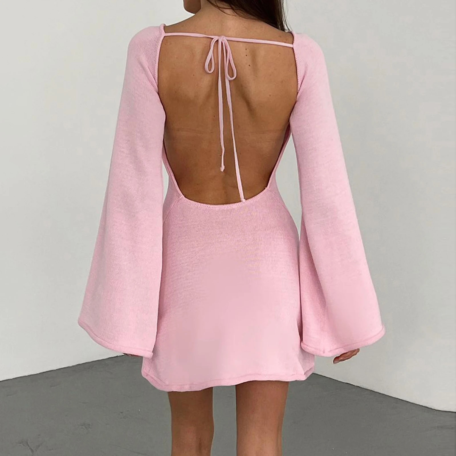 Maxct Women Knitted Dress Casual Solid Color Backless Long Sleeve Mini Party Dress for Beach Cocktail Club Streetwear