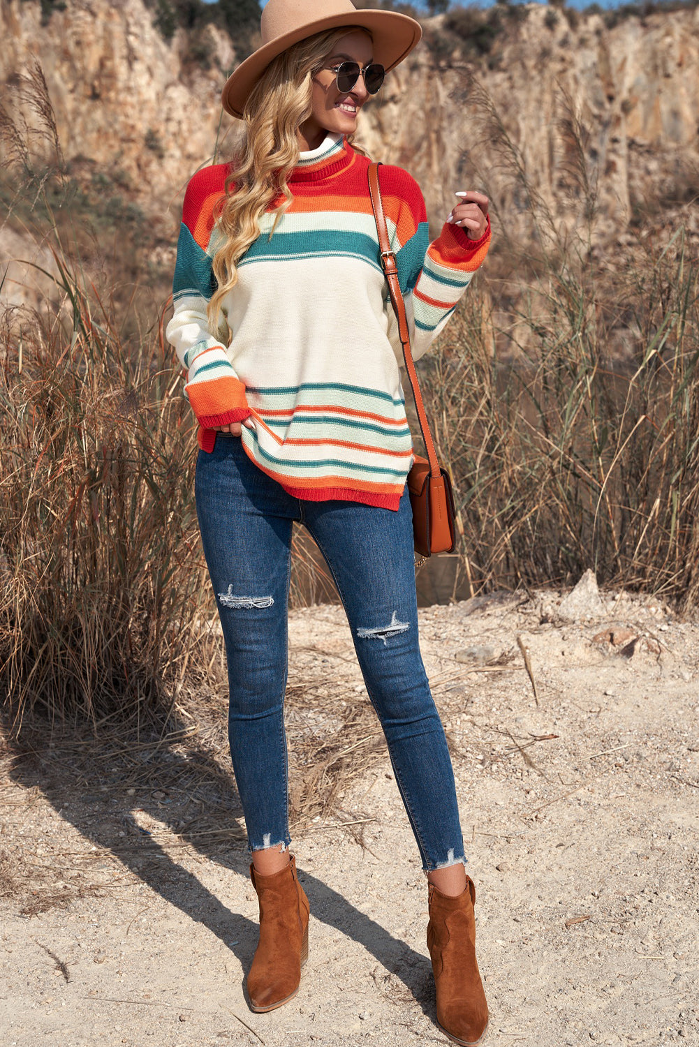 Maxct &Contrast Striped Turtleneck Dropped Shoulder Sweater