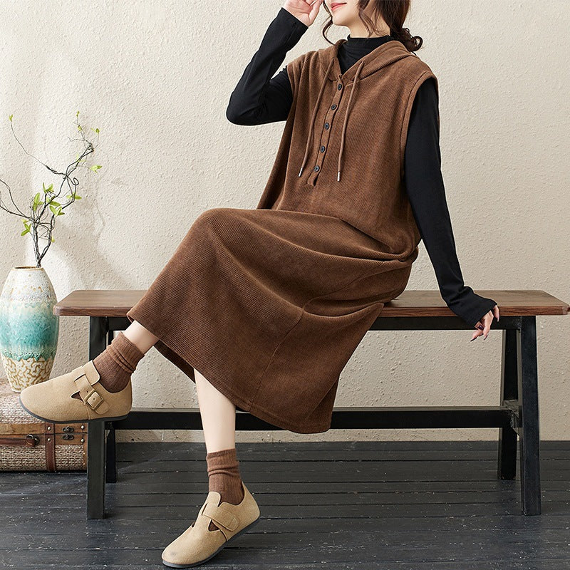 Maxct Women Autumn Retro Corduroy Hoodie Dress