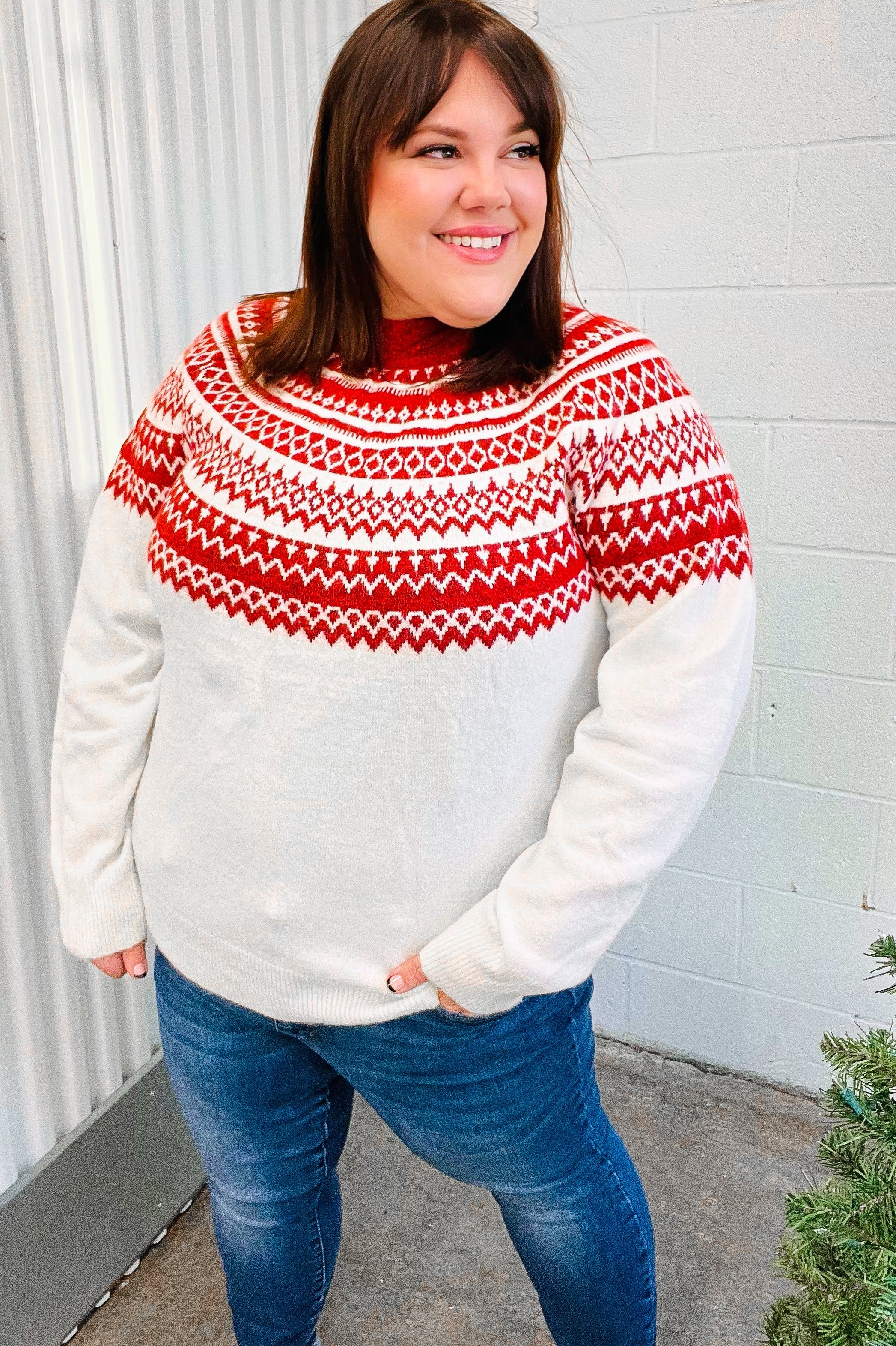 Maxct &Feeling Festive Ivory & Red Fair Isle Mock Neck Sweater