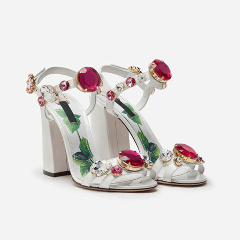 White Fish Mouth Gemstone Thick Heel Sandals Maxct